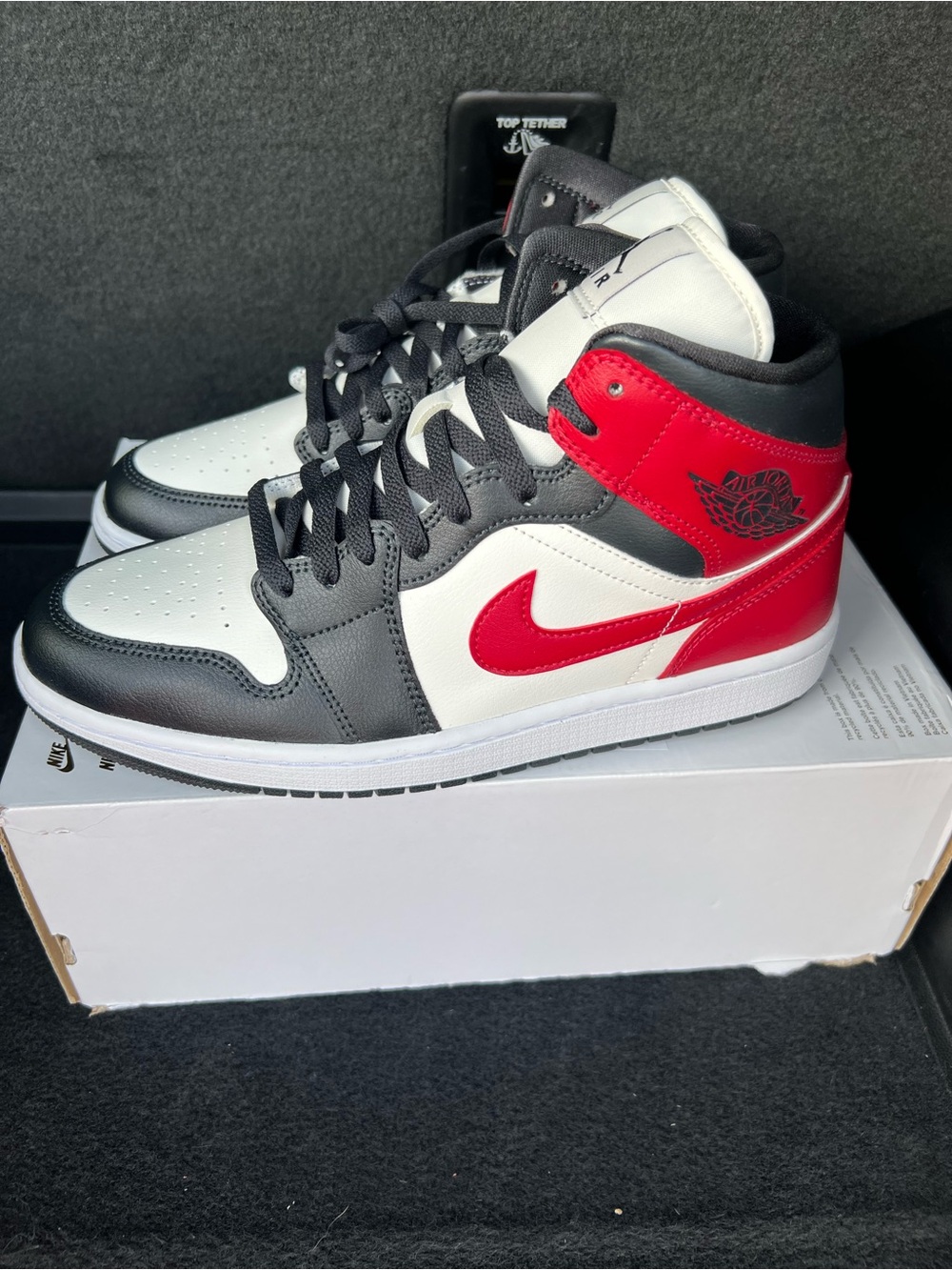 W Air Jordan 1 Mid Black/Red/White Leather Mid-Top Sneakers BQ6472-160  11W/9.5